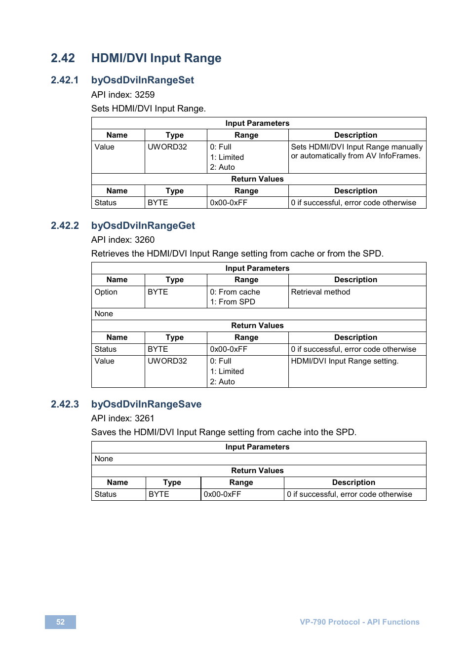 42 hdmi/dvi input range, 1 byosddviinrangeset, 2 byosddviinrangeget | 3 byosddviinrangesave, Hdmi/dvi input range | Kramer Electronics VP-790 User Manual | Page 56 / 126