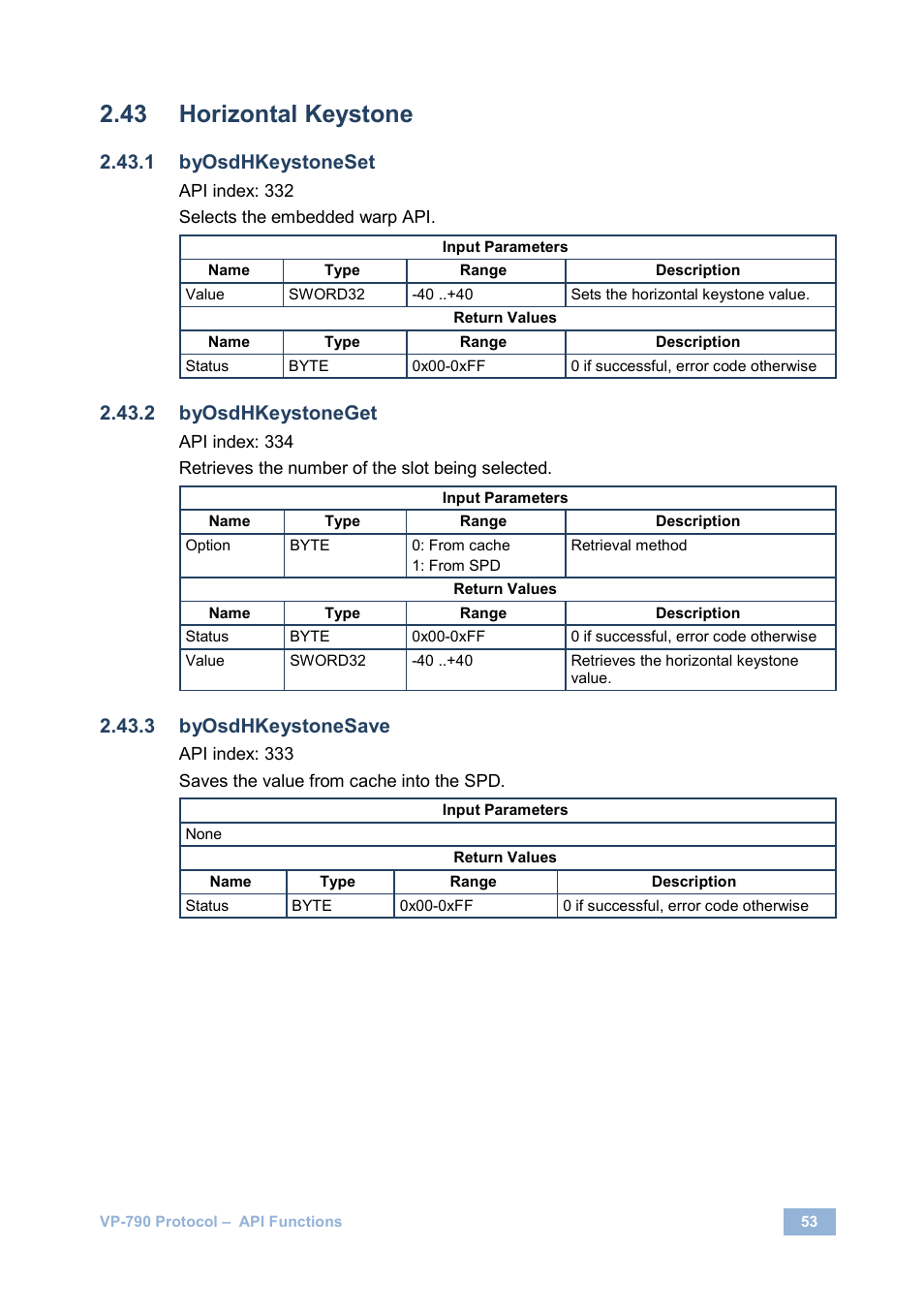 Horizontal keystone, Byosdhkeystoneset, Byosdhkeystoneget | Byosdhkeystonesave | Kramer Electronics VP-790 User Manual | Page 57 / 126