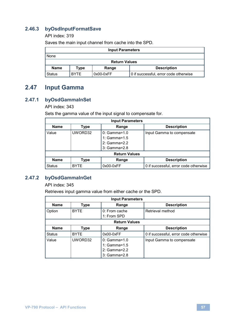 Input gamma, Byosdinputformatsave, Byosdgammainset | Byosdgammainget | Kramer Electronics VP-790 User Manual | Page 61 / 126