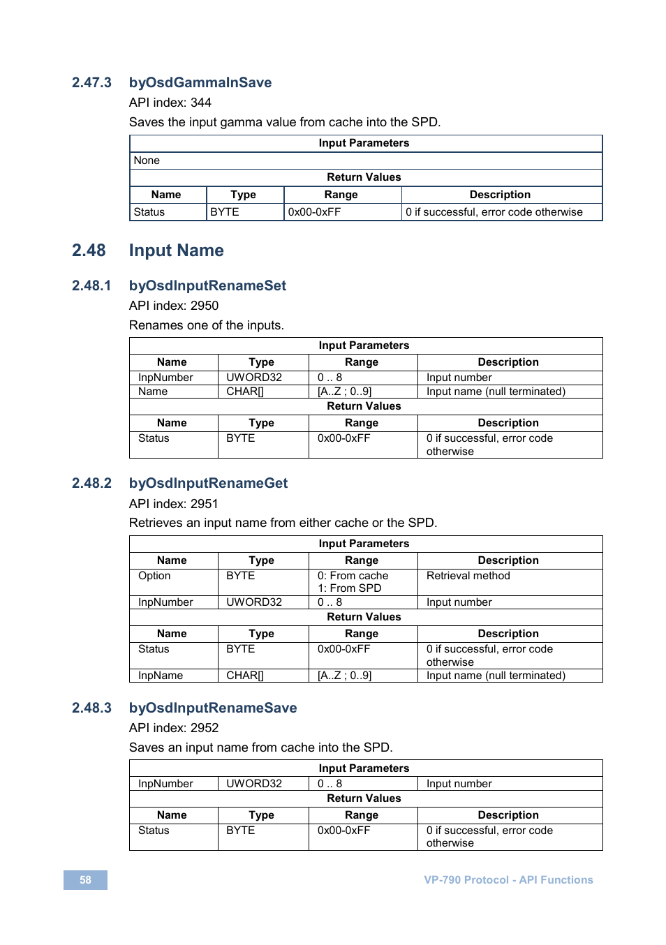 3 byosdgammainsave, 48 input name, 1 byosdinputrenameset | 2 byosdinputrenameget, 3 byosdinputrenamesave, Input name | Kramer Electronics VP-790 User Manual | Page 62 / 126