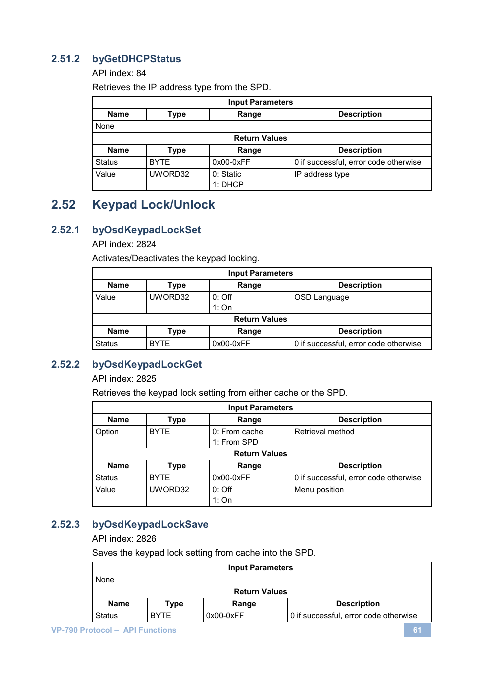 Keypad lock/unlock, Bygetdhcpstatus, Byosdkeypadlockset | Byosdkeypadlockget, Byosdkeypadlocksave | Kramer Electronics VP-790 User Manual | Page 65 / 126