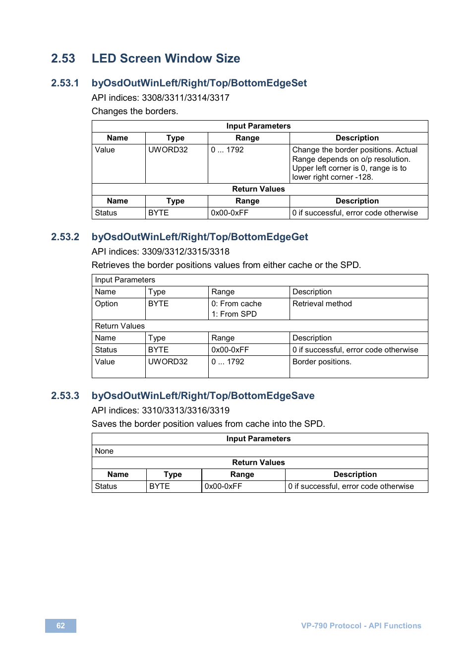 53 led screen window size, 1 byosdoutwinleft/right/top/bottomedgeset, 2 byosdoutwinleft/right/top/bottomedgeget | 3 byosdoutwinleft/right/top/bottomedgesave, Led screen window size | Kramer Electronics VP-790 User Manual | Page 66 / 126