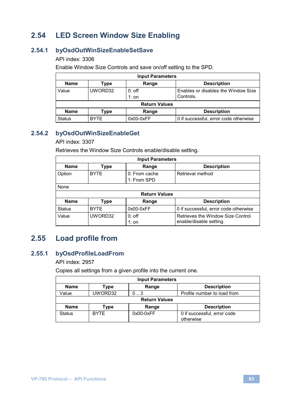 Led screen window size enabling, Load profile from, Byosdoutwinsizeenablesetsave | Byosdoutwinsizeenableget, Byosdprofileloadfrom | Kramer Electronics VP-790 User Manual | Page 67 / 126