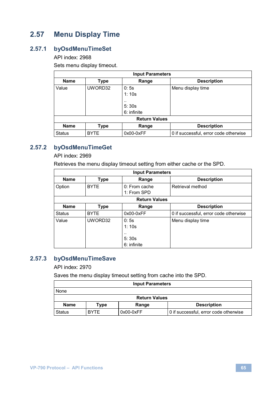 Menu display time, Byosdmenutimeset, Byosdmenutimeget | Byosdmenutimesave | Kramer Electronics VP-790 User Manual | Page 69 / 126