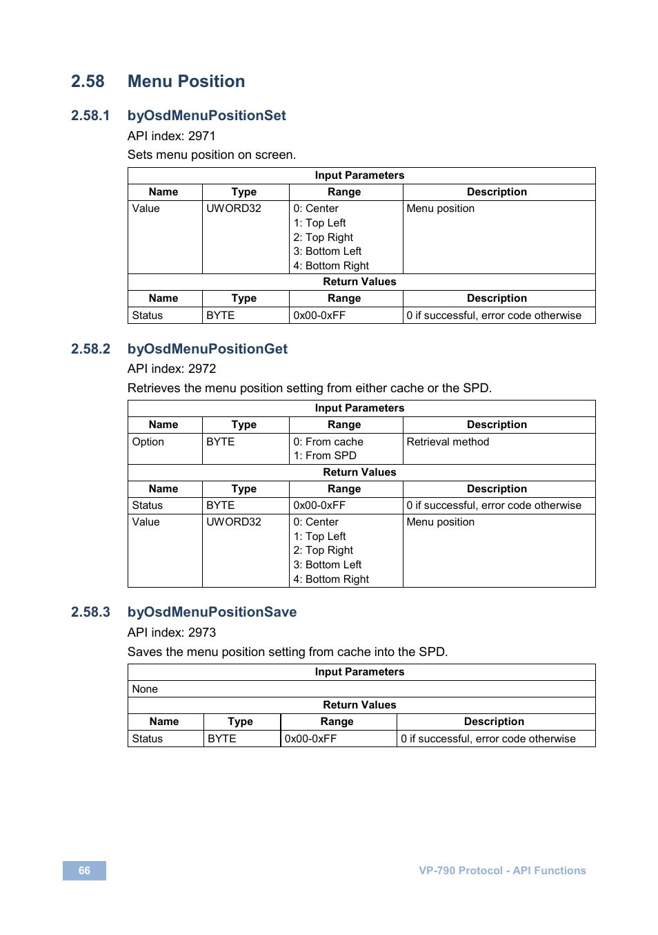 58 menu position, 1 byosdmenupositionset, 2 byosdmenupositionget | 3 byosdmenupositionsave, Menu position | Kramer Electronics VP-790 User Manual | Page 70 / 126