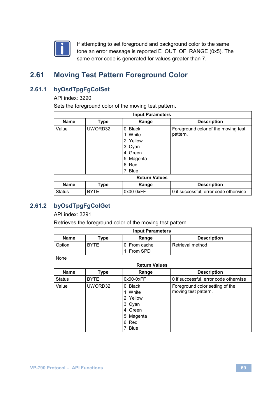 Moving test pattern foreground color, Byosdtpgfgcolset, Byosdtpgfgcolget | Kramer Electronics VP-790 User Manual | Page 73 / 126