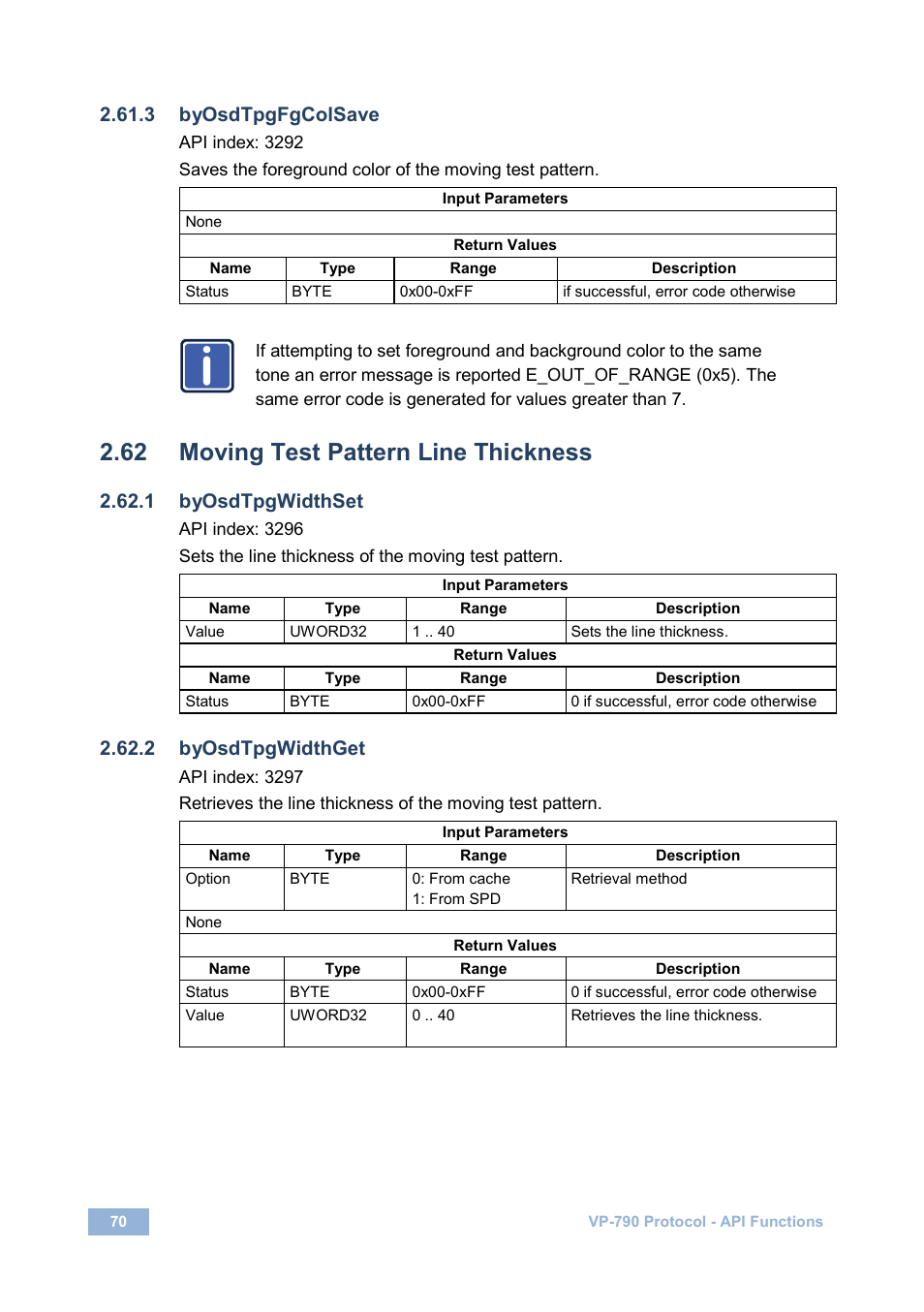 3 byosdtpgfgcolsave, 62 moving test pattern line thickness, 1 byosdtpgwidthset | 2 byosdtpgwidthget, Moving test pattern line thickness | Kramer Electronics VP-790 User Manual | Page 74 / 126