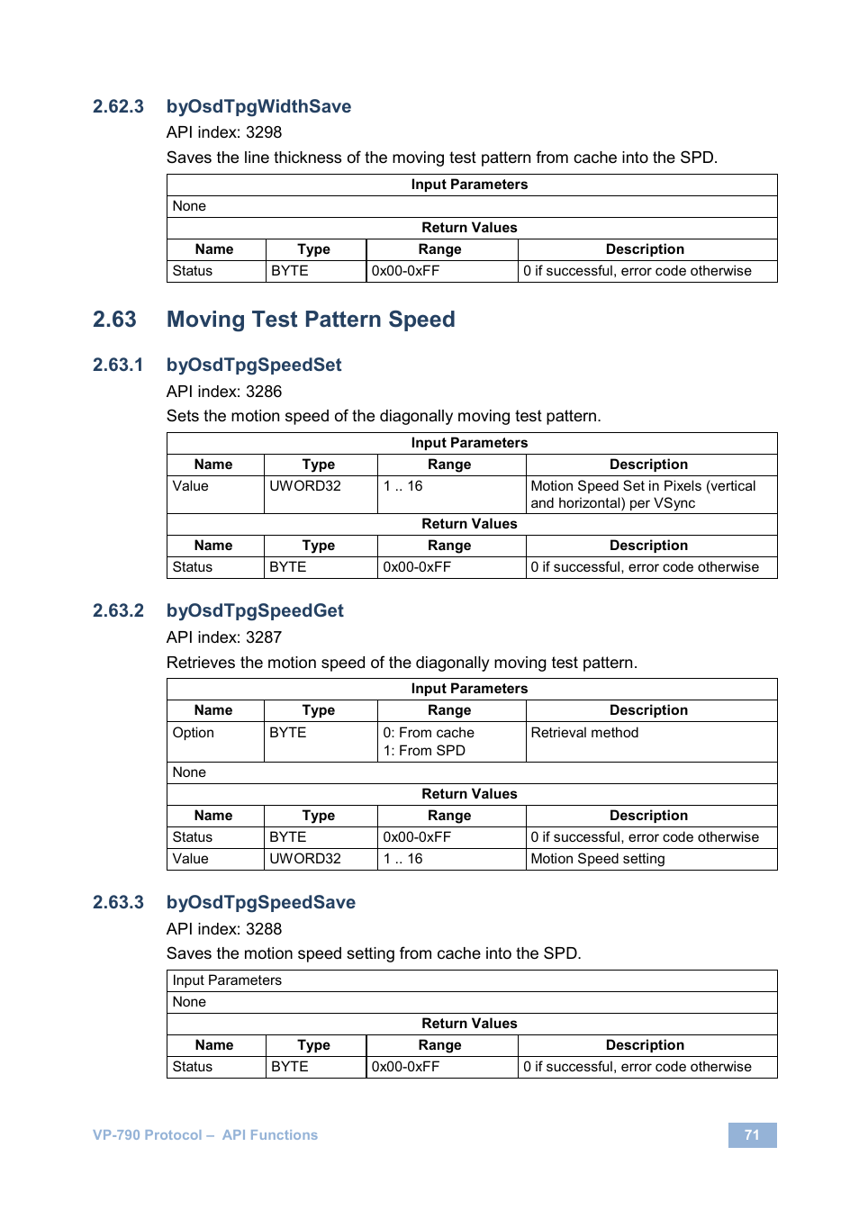 Moving test pattern speed, Byosdtpgwidthsave, Byosdtpgspeedset | Byosdtpgspeedget, Byosdtpgspeedsave | Kramer Electronics VP-790 User Manual | Page 75 / 126