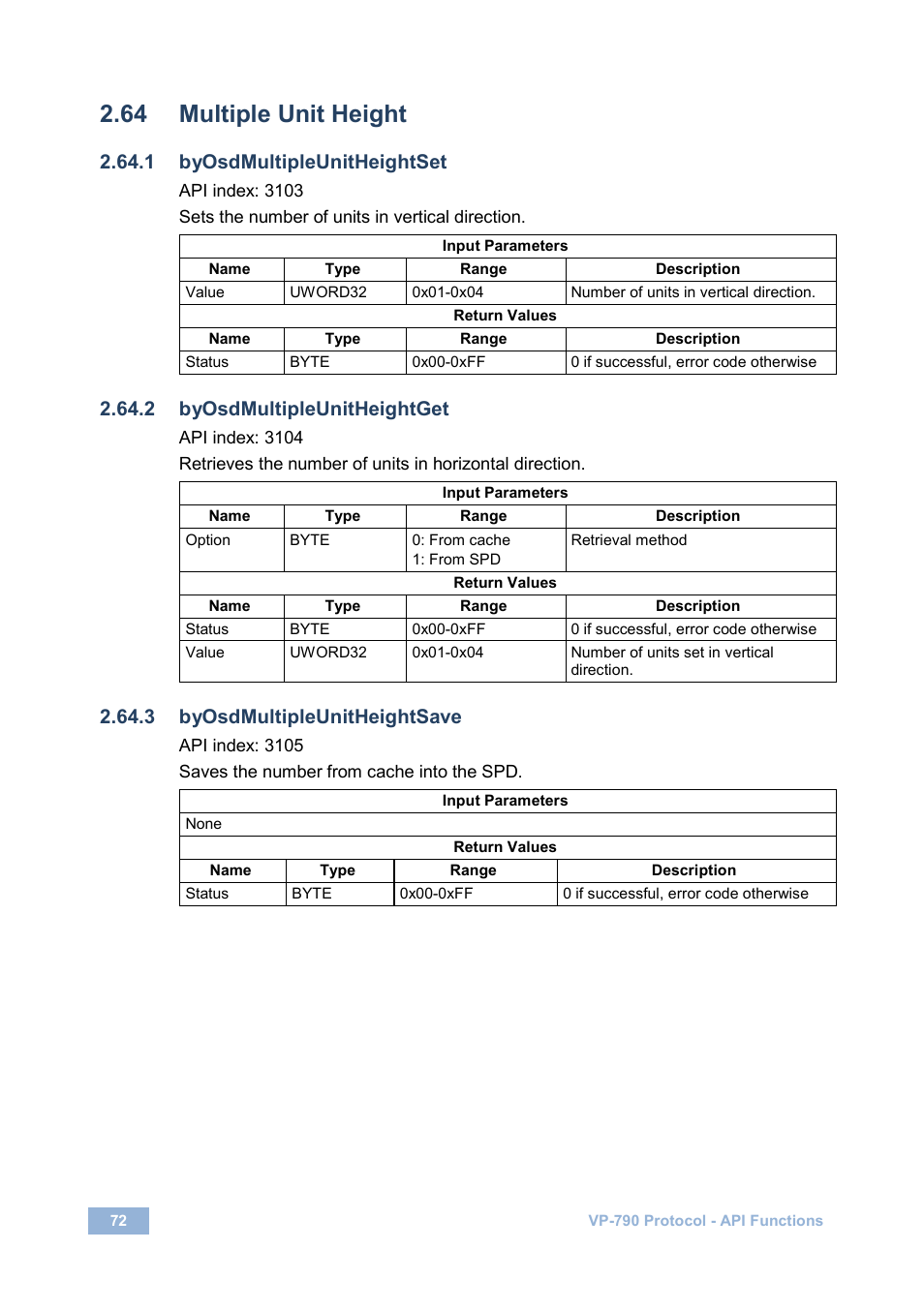 64 multiple unit height, 1 byosdmultipleunitheightset, 2 byosdmultipleunitheightget | 3 byosdmultipleunitheightsave, Multiple unit height | Kramer Electronics VP-790 User Manual | Page 76 / 126