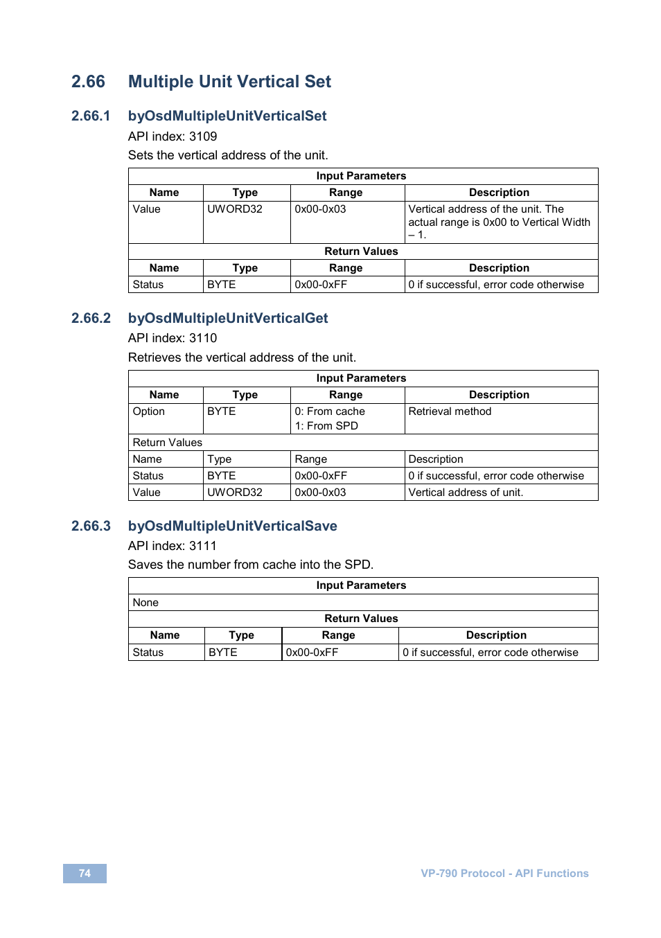 66 multiple unit vertical set, 1 byosdmultipleunitverticalset, 2 byosdmultipleunitverticalget | 3 byosdmultipleunitverticalsave, Multiple unit vertical set | Kramer Electronics VP-790 User Manual | Page 78 / 126