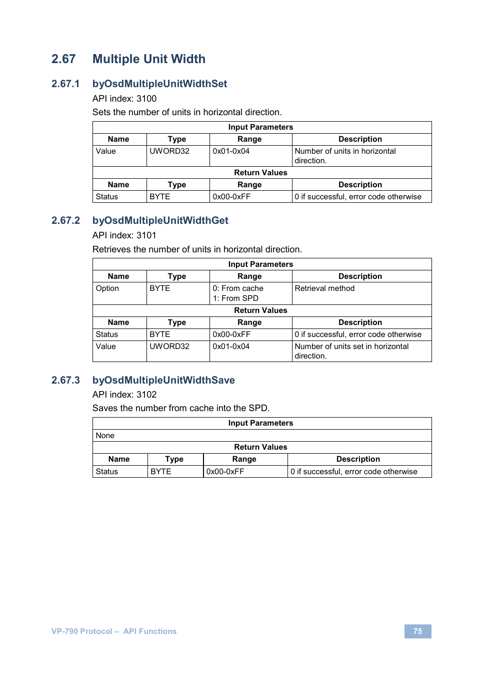 Multiple unit width, Byosdmultipleunitwidthset, Byosdmultipleunitwidthget | Byosdmultipleunitwidthsave | Kramer Electronics VP-790 User Manual | Page 79 / 126