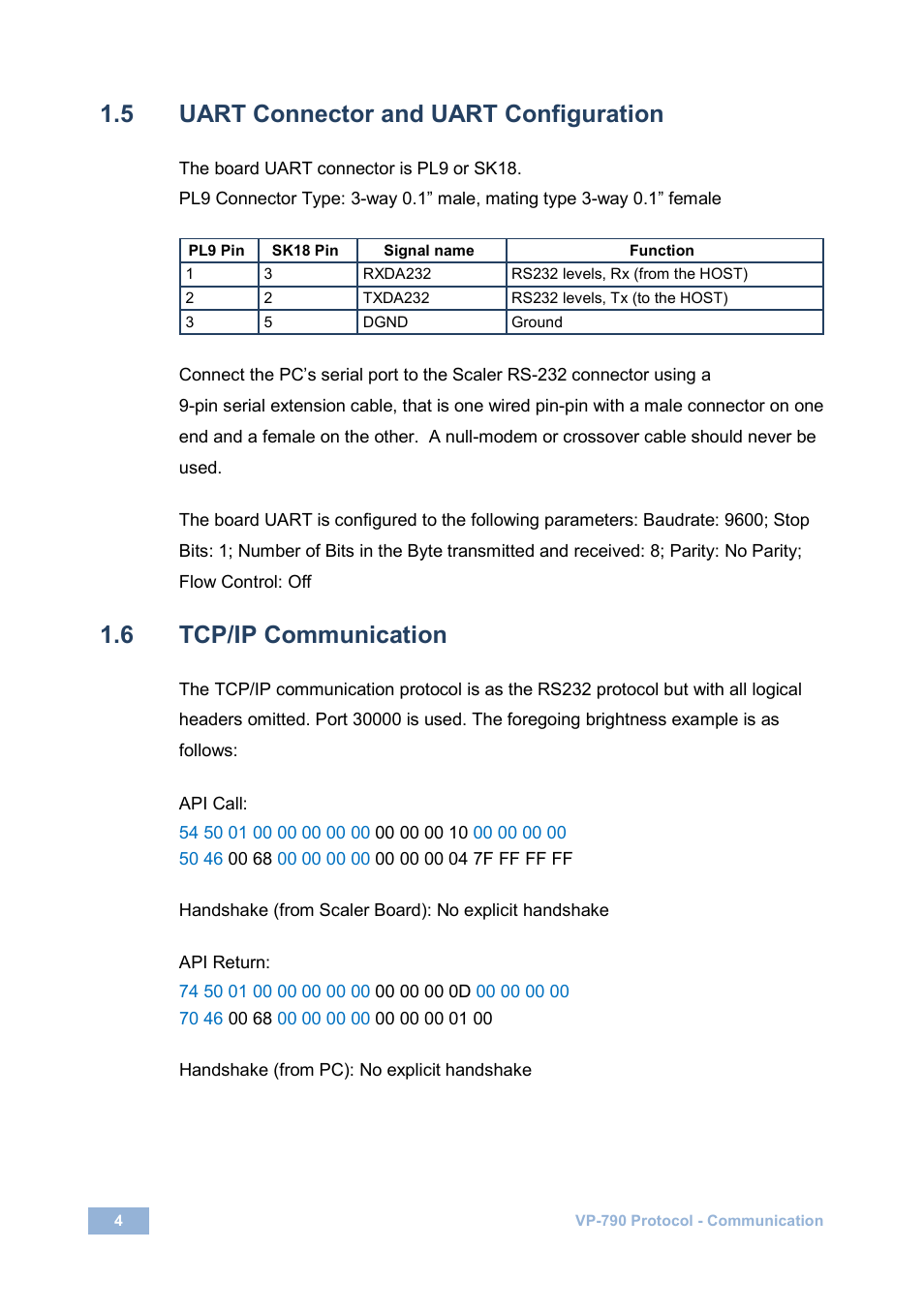 5 uart connector and uart configuration, 6 tcp/ip communication, Uart connector and uart configuration | Tcp/ip communication | Kramer Electronics VP-790 User Manual | Page 8 / 126