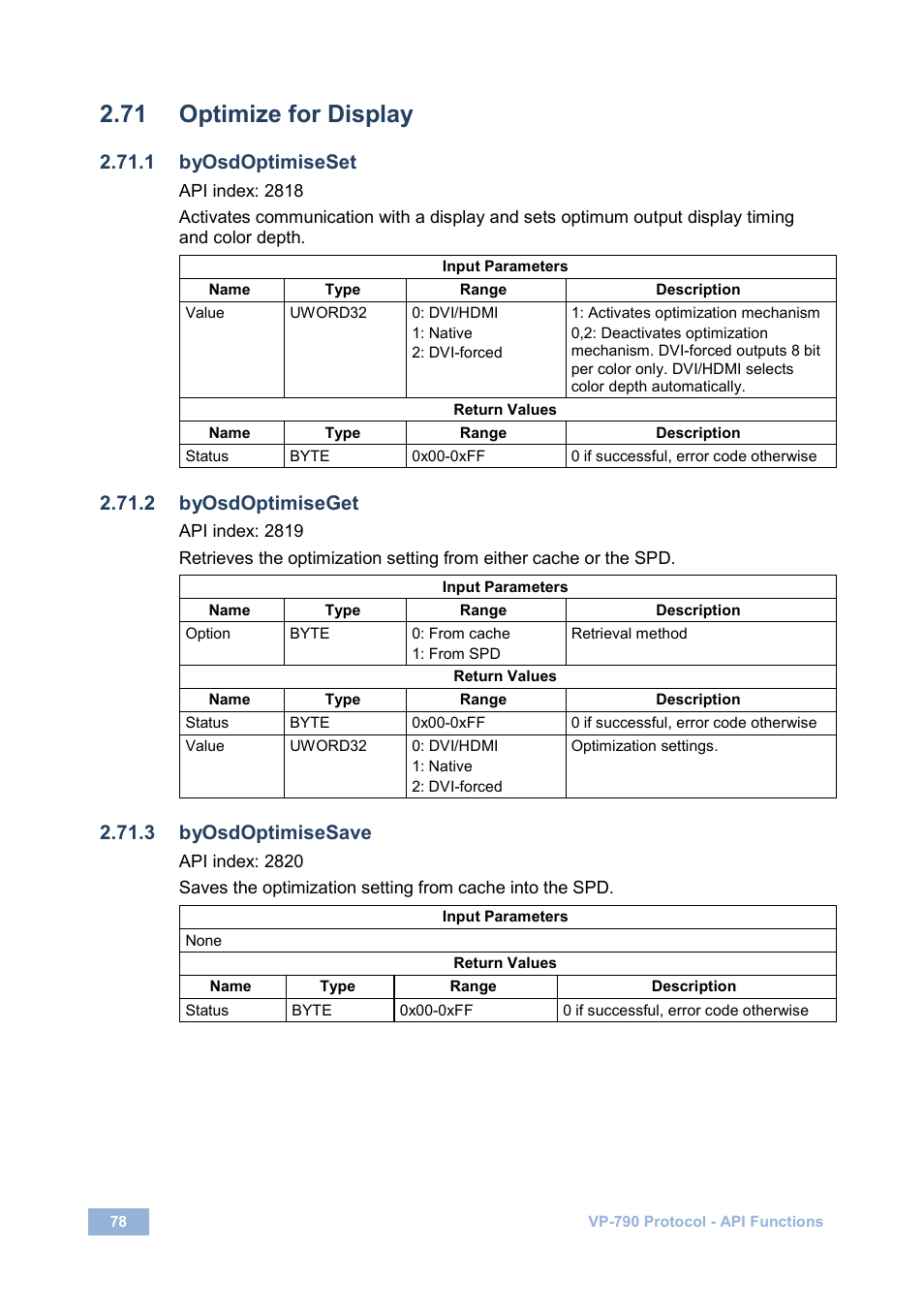 71 optimize for display, 1 byosdoptimiseset, 2 byosdoptimiseget | 3 byosdoptimisesave, Optimize for display | Kramer Electronics VP-790 User Manual | Page 82 / 126