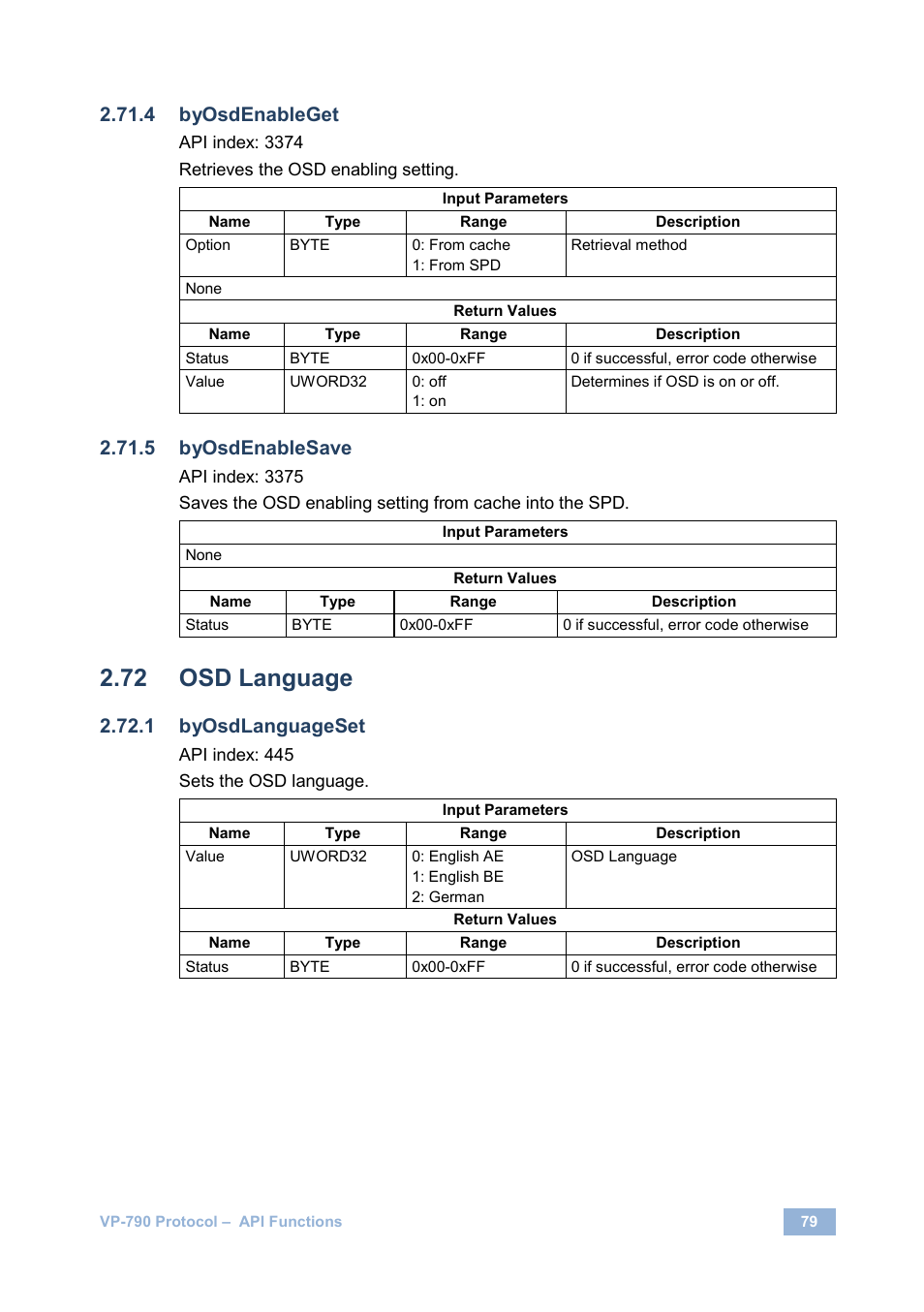 Osd language, Byosdenableget, Byosdenablesave | Byosdlanguageset | Kramer Electronics VP-790 User Manual | Page 83 / 126