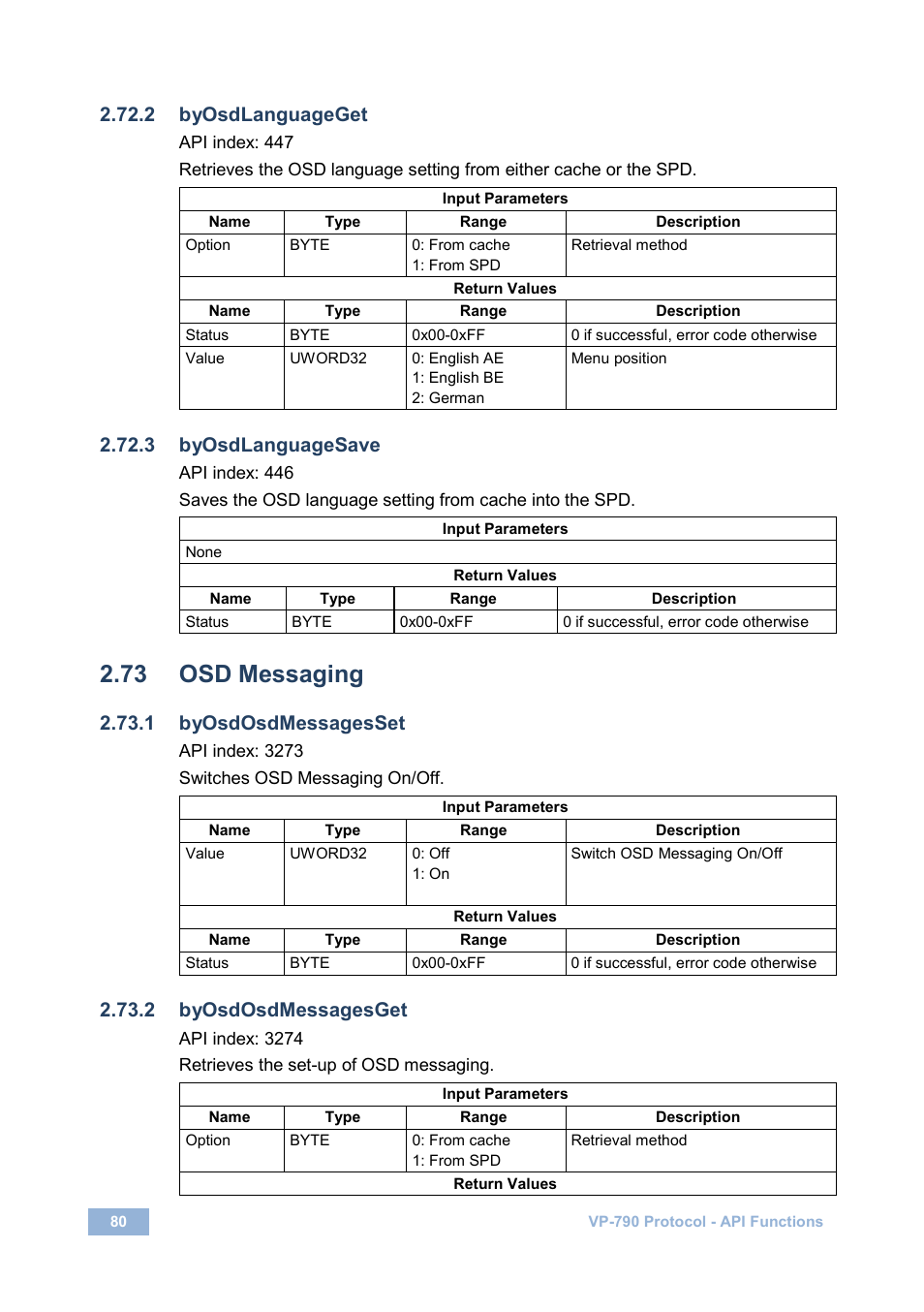 2 byosdlanguageget, 3 byosdlanguagesave, 73 osd messaging | 1 byosdosdmessagesset, 2 byosdosdmessagesget, Osd messaging | Kramer Electronics VP-790 User Manual | Page 84 / 126