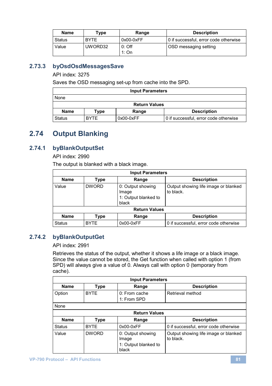 Output blanking, Byosdosdmessagessave, Byblankoutputset | Byblankoutputget | Kramer Electronics VP-790 User Manual | Page 85 / 126