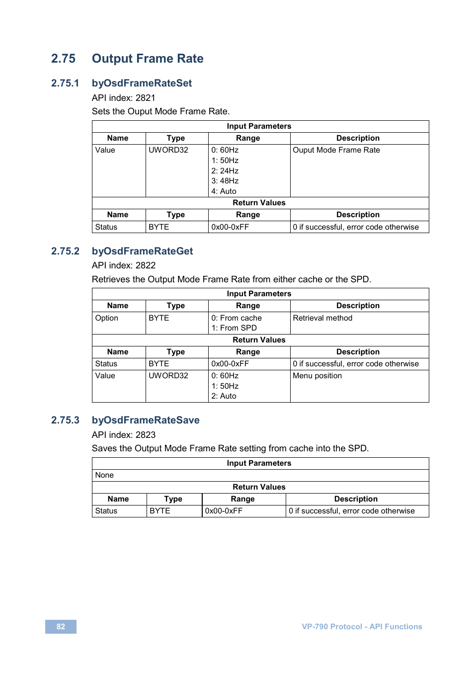 75 output frame rate, 1 byosdframerateset, 2 byosdframerateget | 3 byosdframeratesave, Output frame rate | Kramer Electronics VP-790 User Manual | Page 86 / 126