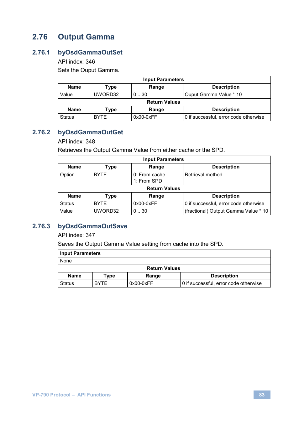 Output gamma, Byosdgammaoutset, Byosdgammaoutget | Byosdgammaoutsave | Kramer Electronics VP-790 User Manual | Page 87 / 126