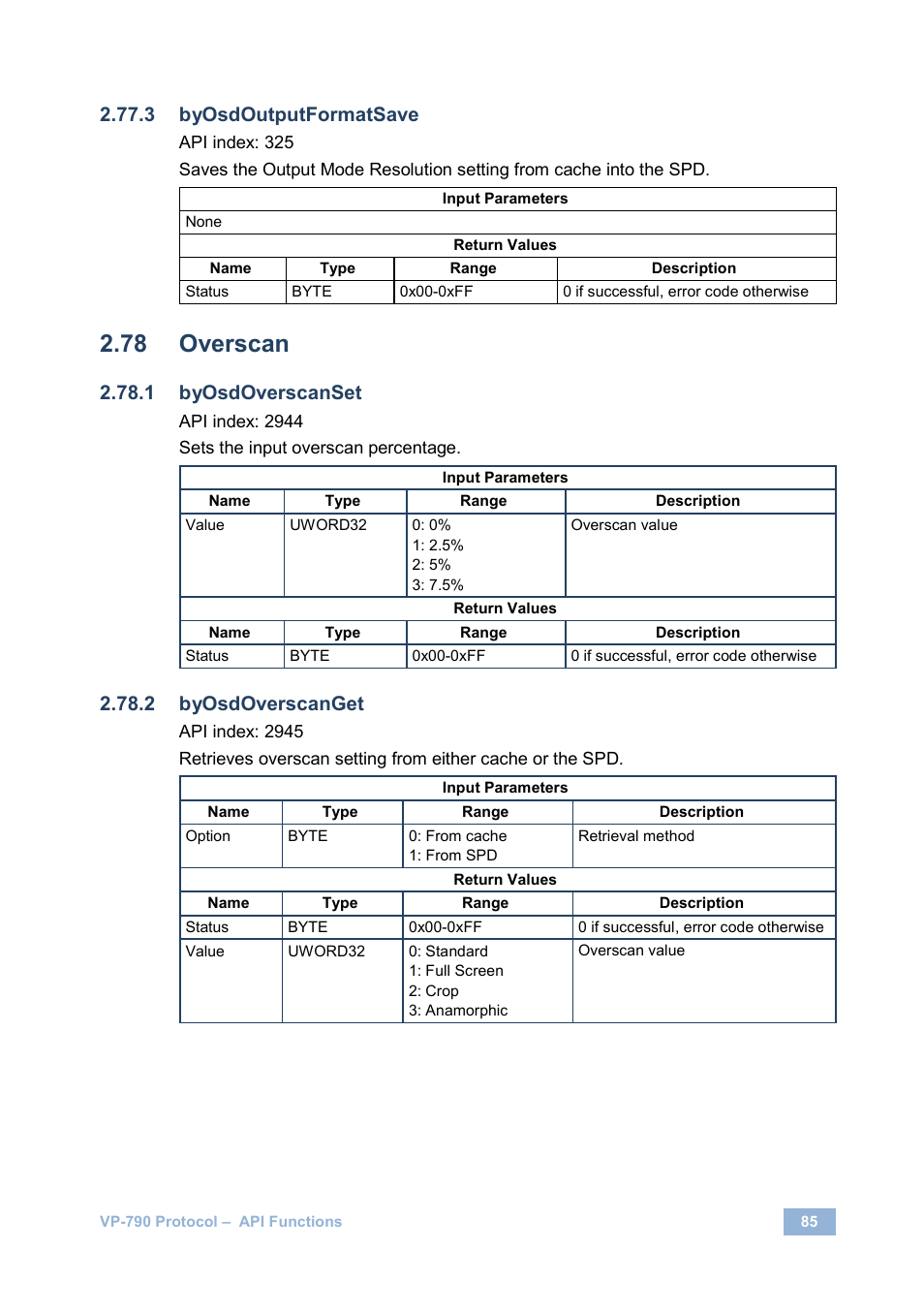 Overscan, Byosdoutputformatsave, Byosdoverscanset | Byosdoverscanget | Kramer Electronics VP-790 User Manual | Page 89 / 126