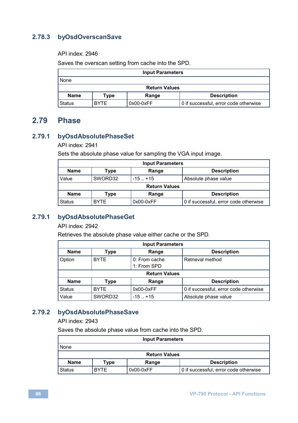 3 byosdoverscansave, 79 phase, 1 byosdabsolutephaseset | 1 byosdabsolutephaseget, 2 byosdabsolutephasesave, Phase | Kramer Electronics VP-790 User Manual | Page 90 / 126