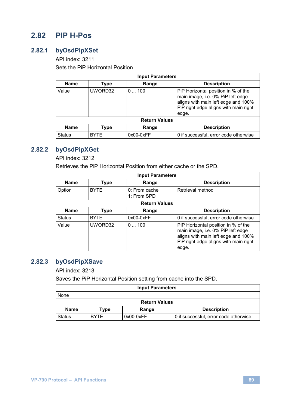 Pip h-pos, Byosdpipxset, Byosdpipxget | Byosdpipxsave | Kramer Electronics VP-790 User Manual | Page 93 / 126