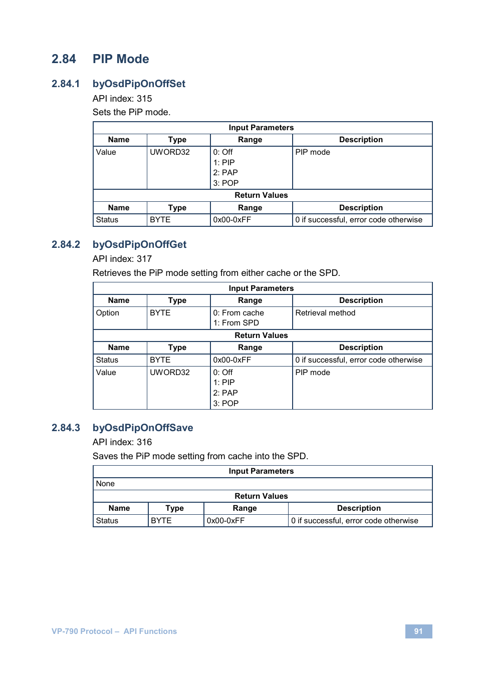 Pip mode, Byosdpiponoffset, Byosdpiponoffget | Byosdpiponoffsave | Kramer Electronics VP-790 User Manual | Page 95 / 126