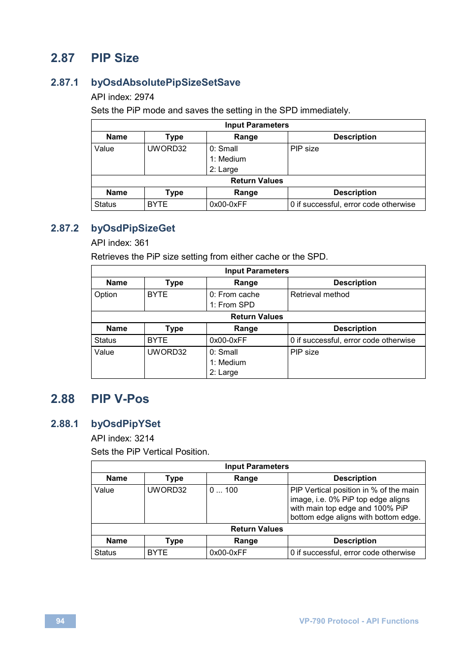 87 pip size, 1 byosdabsolutepipsizesetsave, 2 byosdpipsizeget | 88 pip v-pos, 1 byosdpipyset, Pip size, Pip v-pos | Kramer Electronics VP-790 User Manual | Page 98 / 126