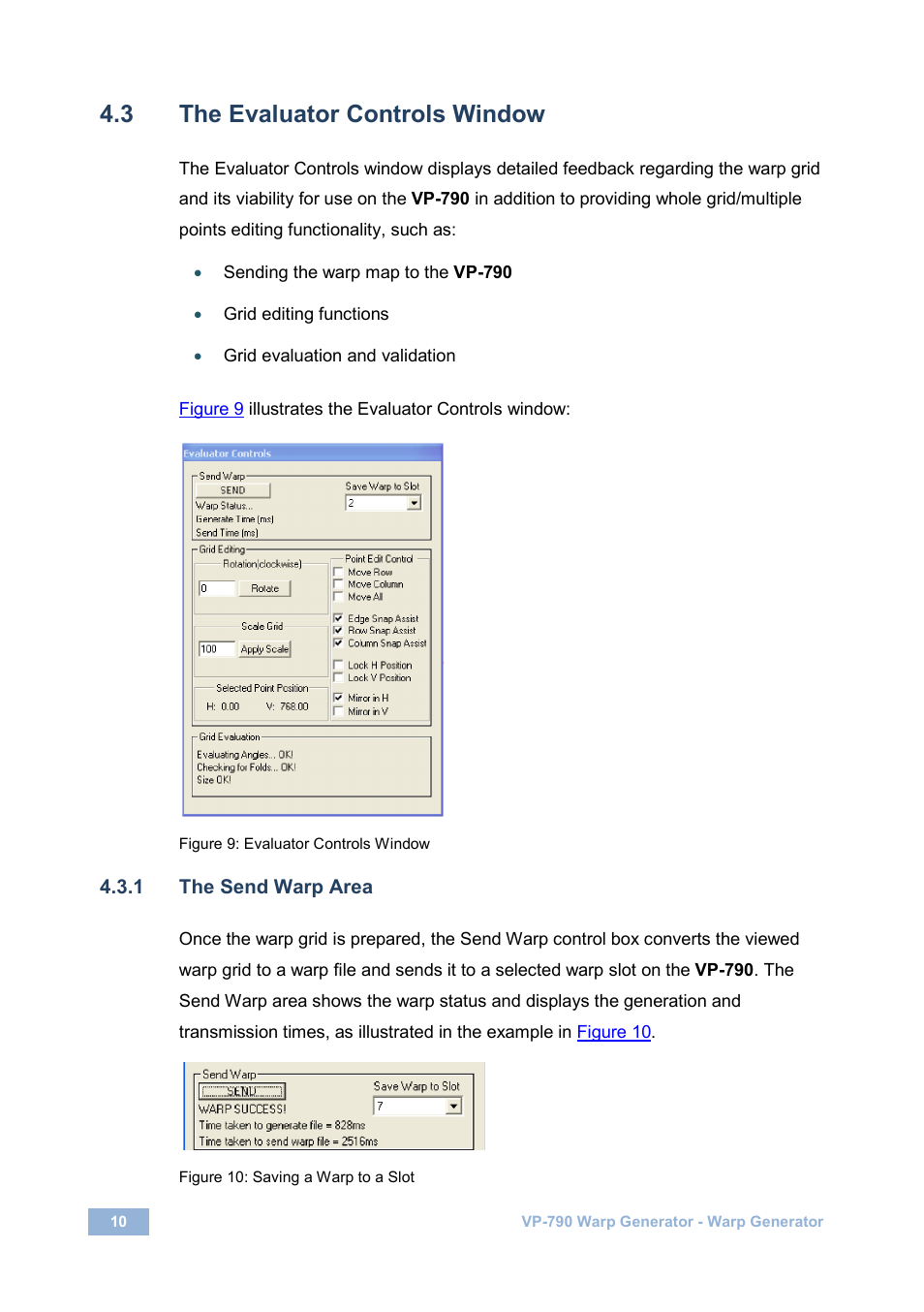 3 the evaluator controls window, The evaluator controls window, Figure 9: evaluator controls window | Figure 10: saving a warp to a slot | Kramer Electronics VP-790 User Manual | Page 12 / 27