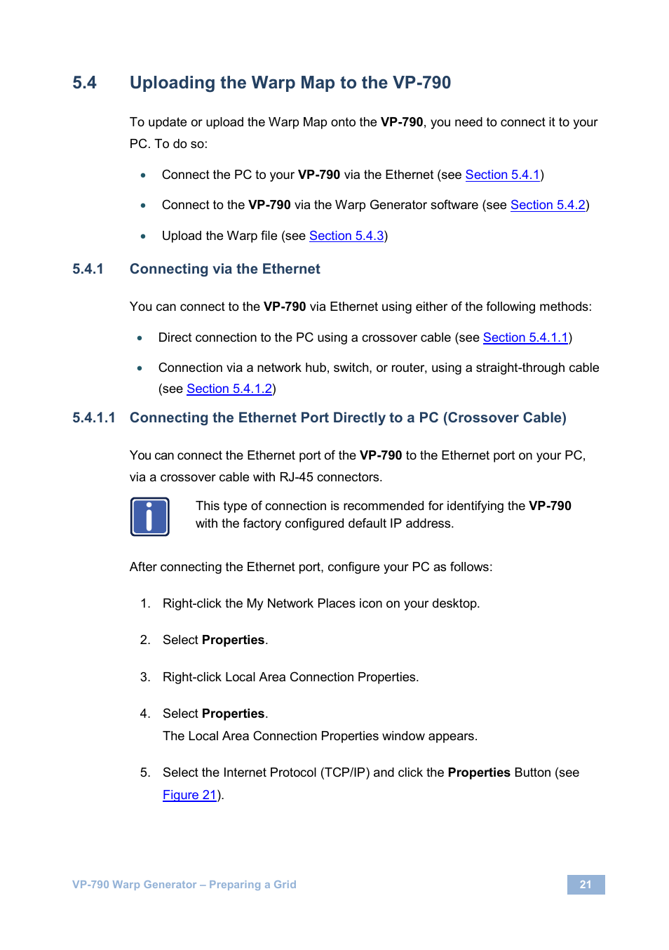 Uploading the warp map to the vp-790, On 5.4, Connecting via the ethernet | Kramer Electronics VP-790 User Manual | Page 23 / 27