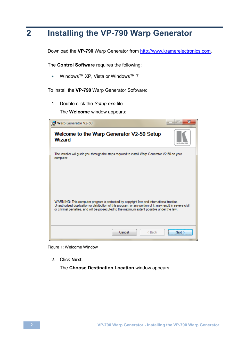 2 installing the vp-790 warp generator, Installing the vp-790 warp generator, Figure 1: welcome window | 2installing the vp-790 warp generator | Kramer Electronics VP-790 User Manual | Page 4 / 27