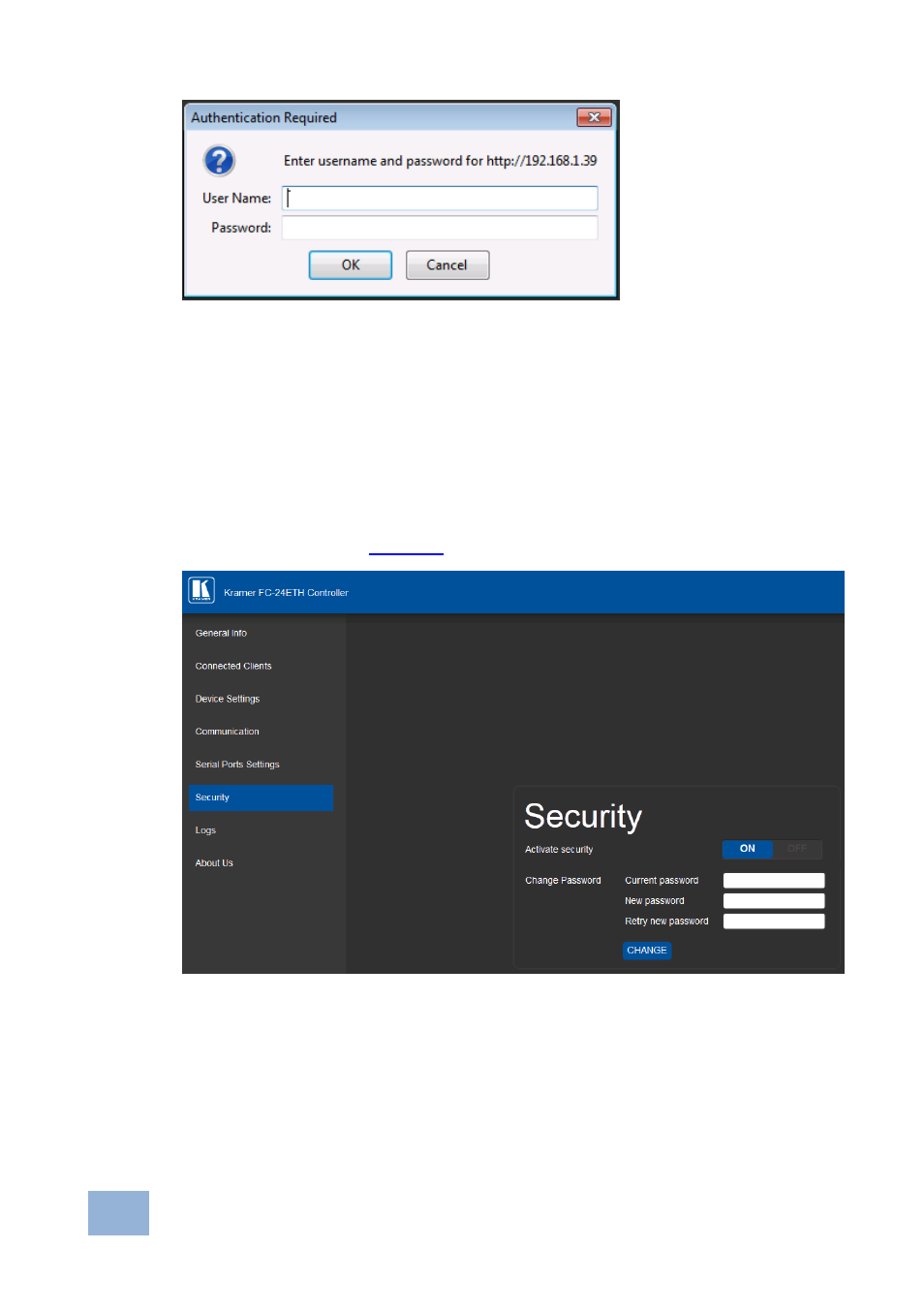 Figure 21: authentication required popup, Figure 21 | Kramer Electronics FC-24ETH User Manual | Page 34 / 47