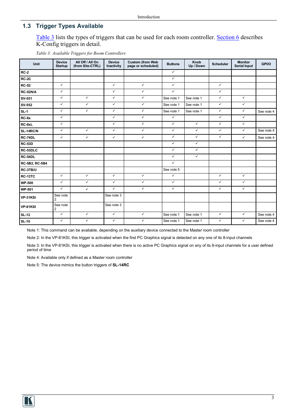 3 trigger types available, Trigger types available, Table 3: available triggers for room controllers | Describes k-config triggers in detail | Kramer Electronics WP-501 User Manual | Page 10 / 94