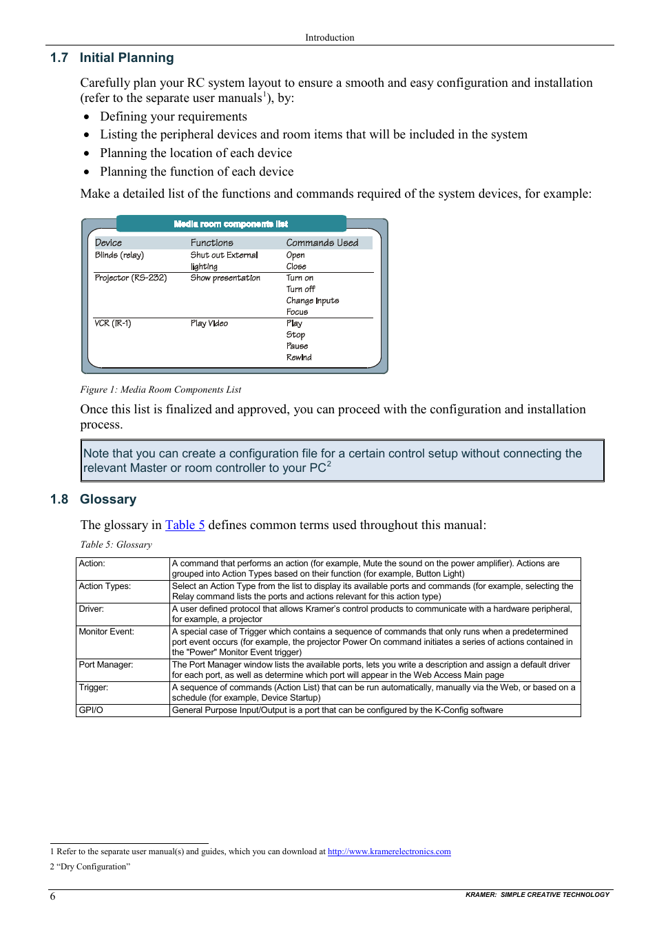 7 initial planning, 8 glossary, Initial planning | Glossary, Figure 1: media room components list, Table 5: glossary | Kramer Electronics WP-501 User Manual | Page 13 / 94