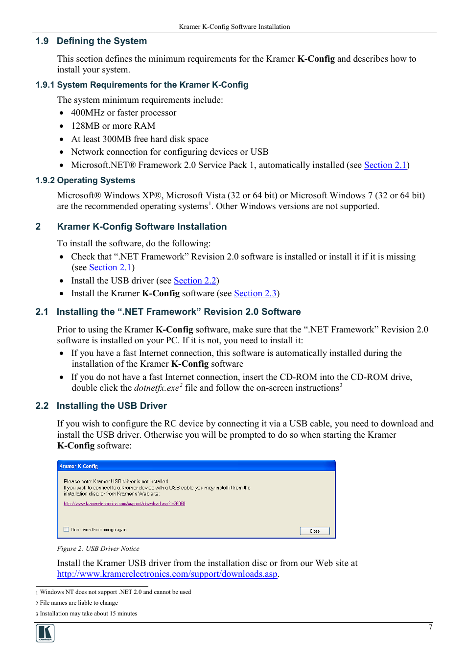 9 defining the system, 1 system requirements for the kramer k-config, 2 operating systems | 2 kramer k-config software installation, 2 installing the usb driver, Defining the system, System requirements for the kramer k-config, Operating systems, Kramer k-config software installation, Installing the usb driver | Kramer Electronics WP-501 User Manual | Page 14 / 94