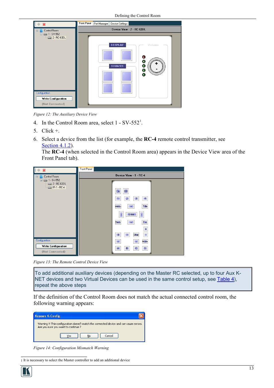 Figure 12: the auxiliary device view, Figure 13: the remote control device view, Figure 14: configuration mismatch warning | Kramer Electronics WP-501 User Manual | Page 20 / 94