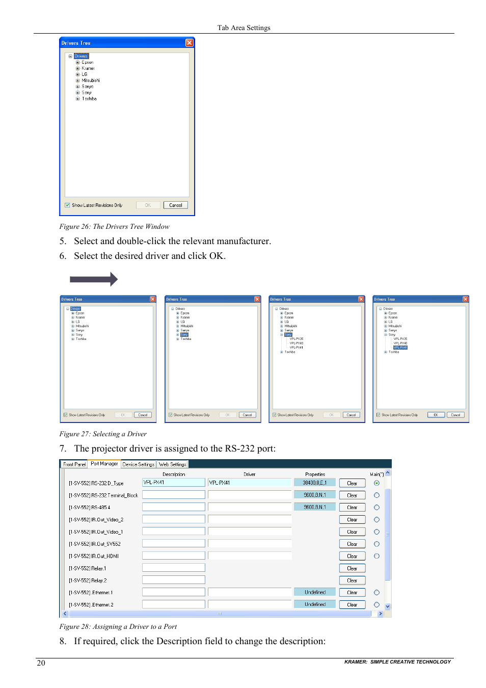 Figure 26: the drivers tree window, Figure 27: selecting a driver, Figure 28: assigning a driver to a port | Kramer Electronics WP-501 User Manual | Page 27 / 94