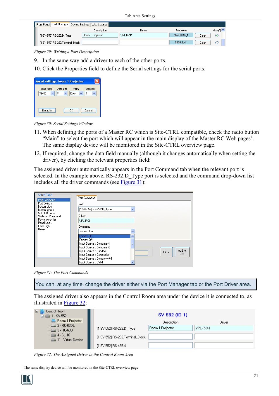 Figure 29: writing a port description, Figure 30: serial settings window, Figure 31: the port commands | Kramer Electronics WP-501 User Manual | Page 28 / 94