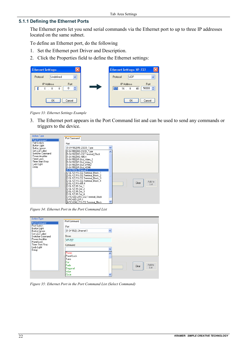 1 defining the ethernet ports, Defining the ethernet ports, Figure 33: ethernet settings example | Figure 34: ethernet port in the port command list | Kramer Electronics WP-501 User Manual | Page 29 / 94