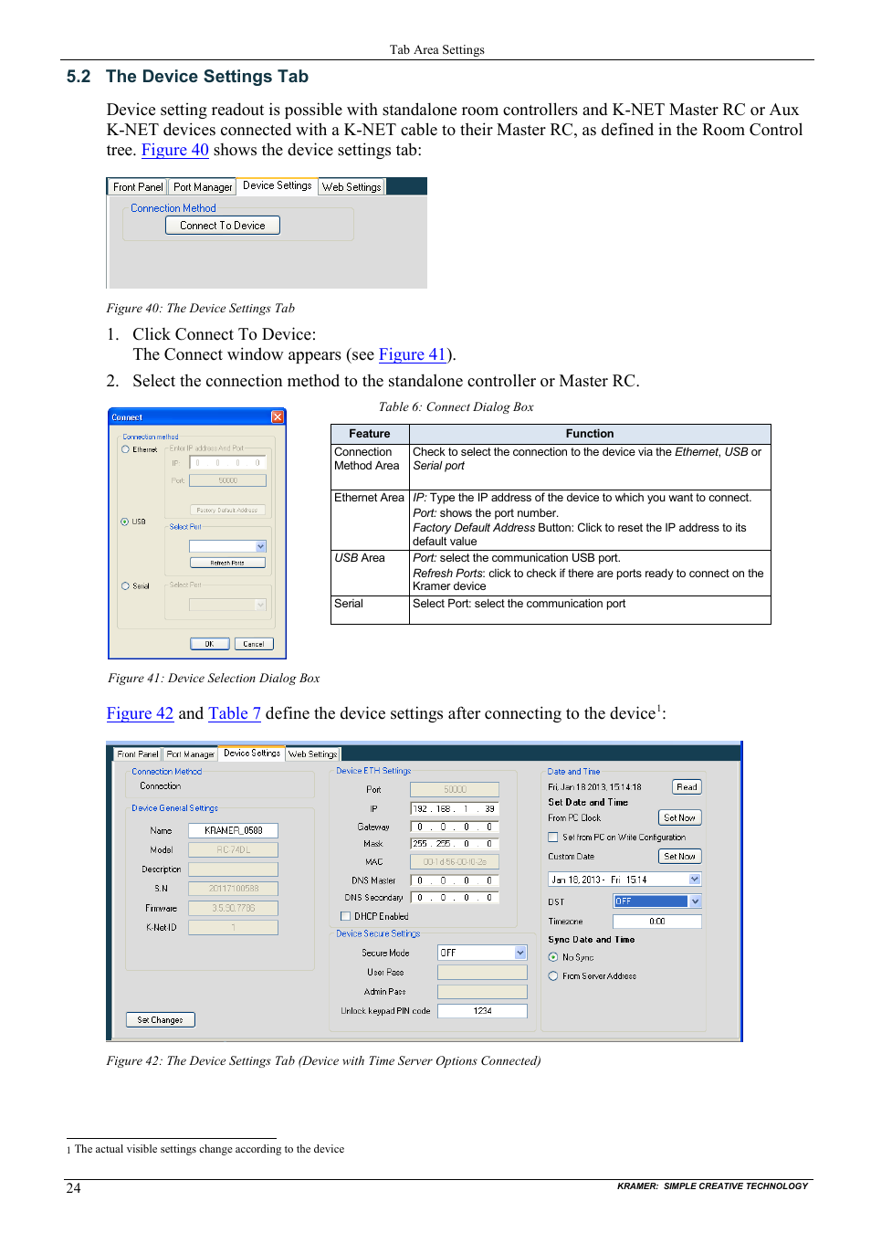 2 the device settings tab, The device settings tab, Figure 40: the device settings tab | Figure 41: device selection dialog box, Table 6: connect dialog box, On 5.2, Figure 42, A nd, Table 7 | Kramer Electronics WP-501 User Manual | Page 31 / 94