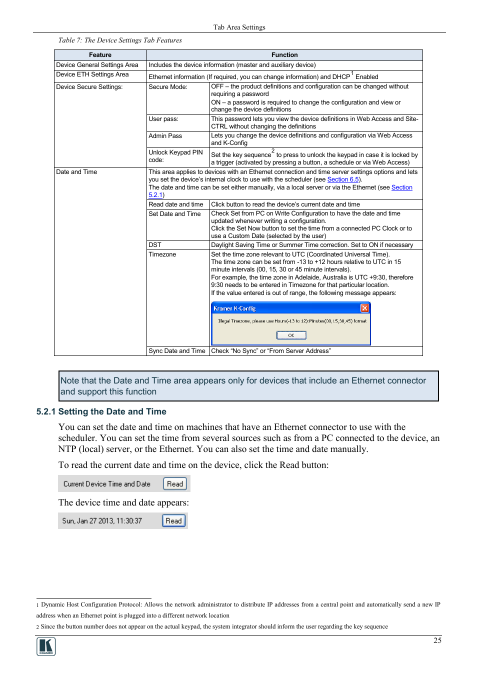 Setting the date and time, Table 7: the device settings tab features, Password | Table 7 | Kramer Electronics WP-501 User Manual | Page 32 / 94