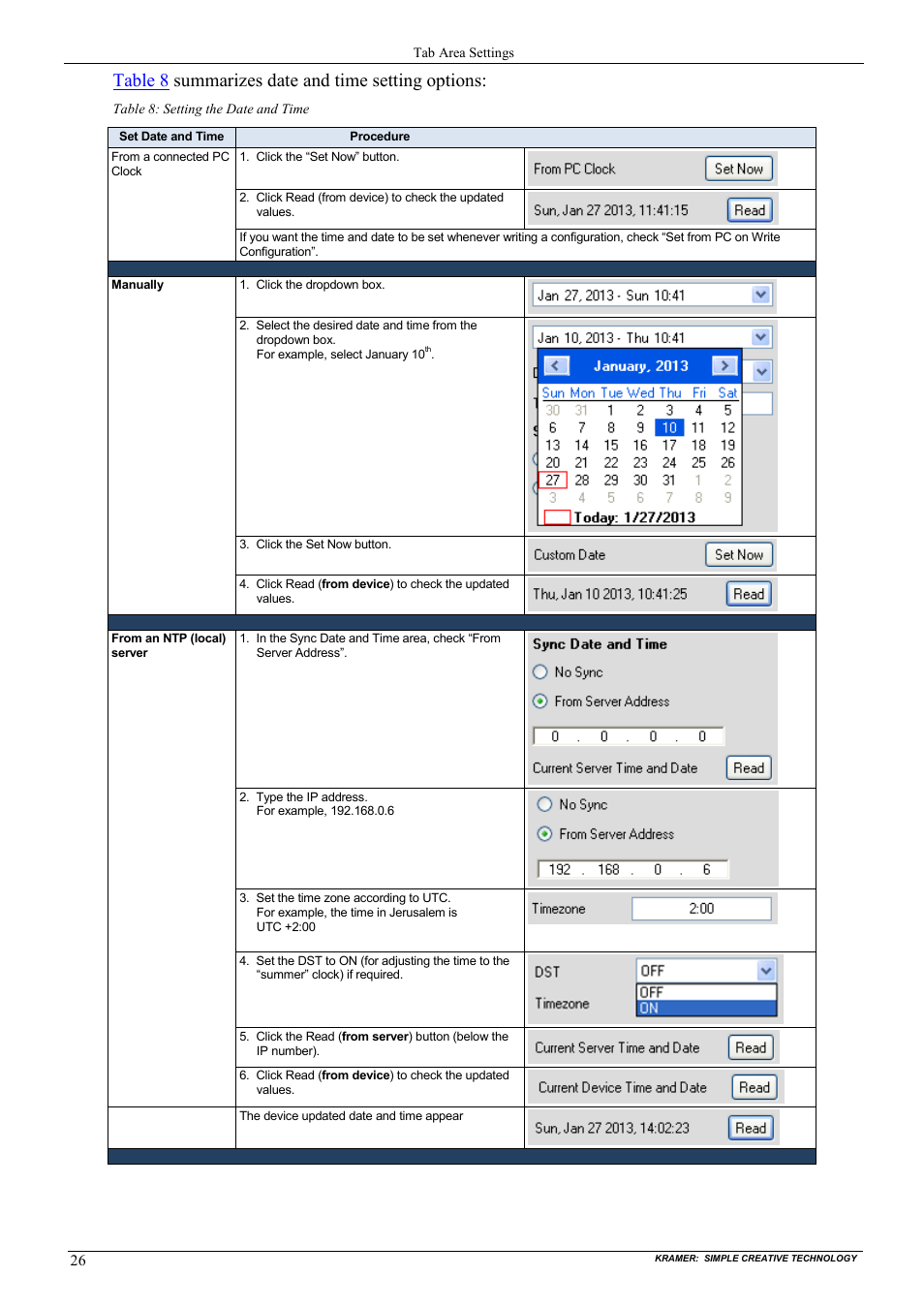 Table 8: setting the date and time, Table 8 summarizes date and time setting options | Kramer Electronics WP-501 User Manual | Page 33 / 94