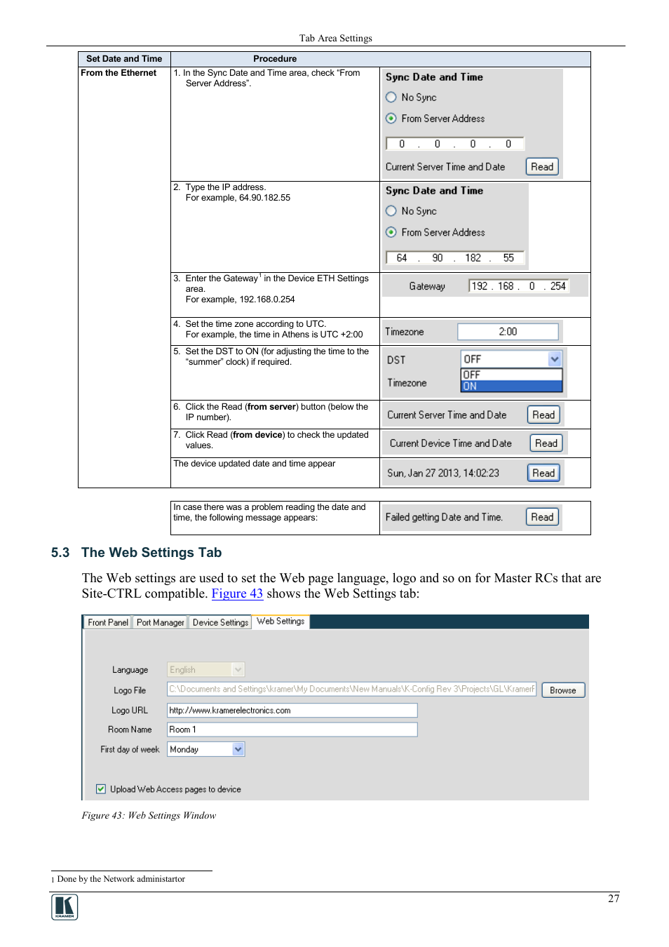 3 the web settings tab, The web settings tab, Figure 43: web settings window | Web settings, On 5.3 | Kramer Electronics WP-501 User Manual | Page 34 / 94