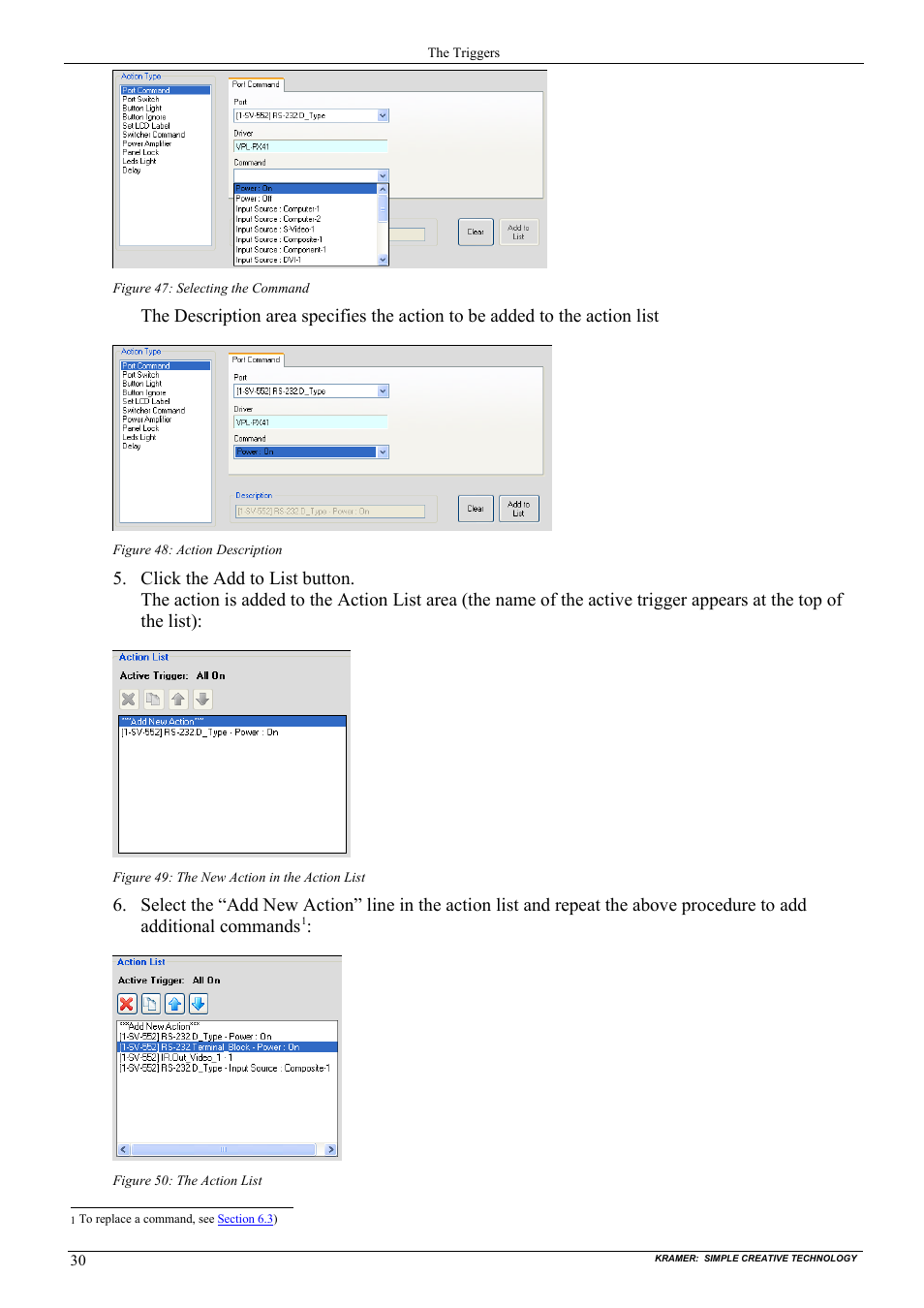 Figure 47: selecting the command, Figure 48: action description, Figure 49: the new action in the action list | Figure 50: the action list | Kramer Electronics WP-501 User Manual | Page 37 / 94