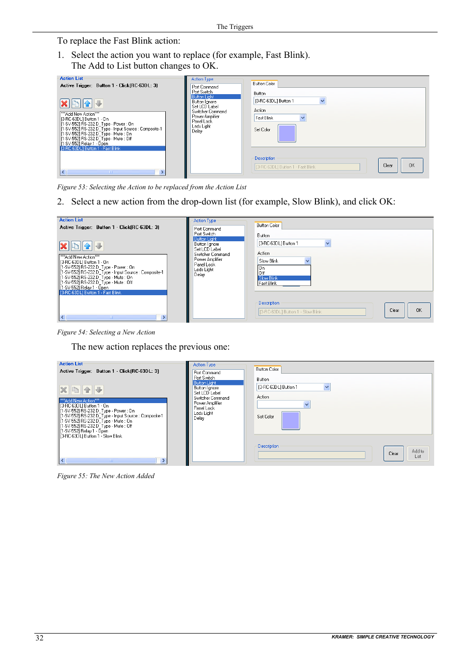 Figure 54: selecting a new action, Figure 55: the new action added | Kramer Electronics WP-501 User Manual | Page 39 / 94