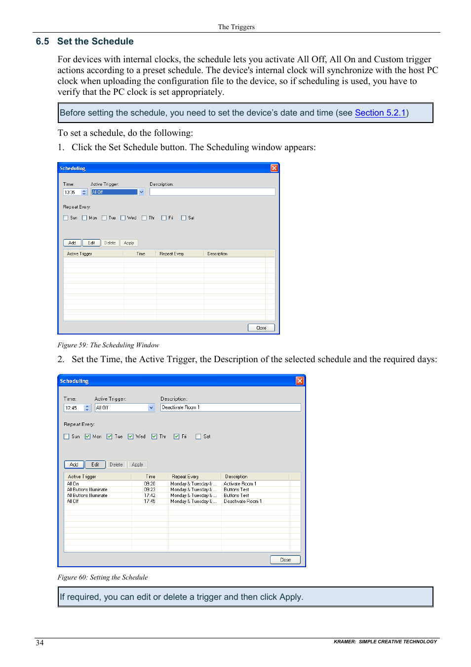 5 set the schedule, Set the schedule, Figure 59: the scheduling window | Figure 60: setting the schedule, On 6.5 | Kramer Electronics WP-501 User Manual | Page 41 / 94