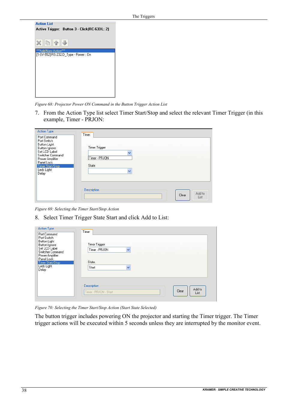 Figure 69: selecting the timer start/stop action | Kramer Electronics WP-501 User Manual | Page 45 / 94