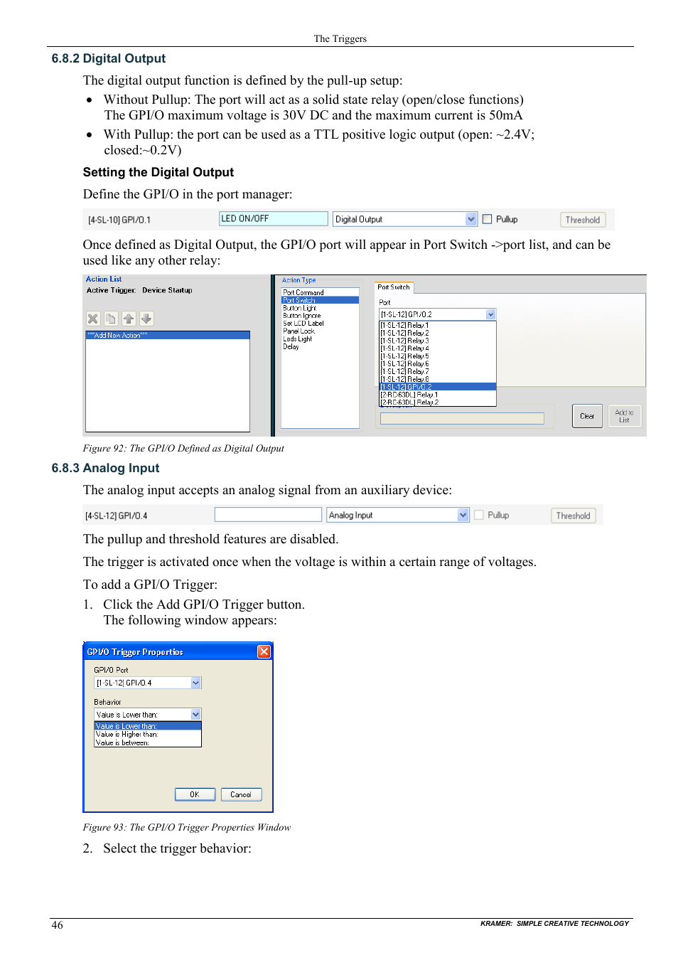 2 digital output, 3 analog input, Digital output | Analog input, Figure 92: the gpi/o defined as digital output, Figure 93: the gpi/o trigger properties window | Kramer Electronics WP-501 User Manual | Page 53 / 94