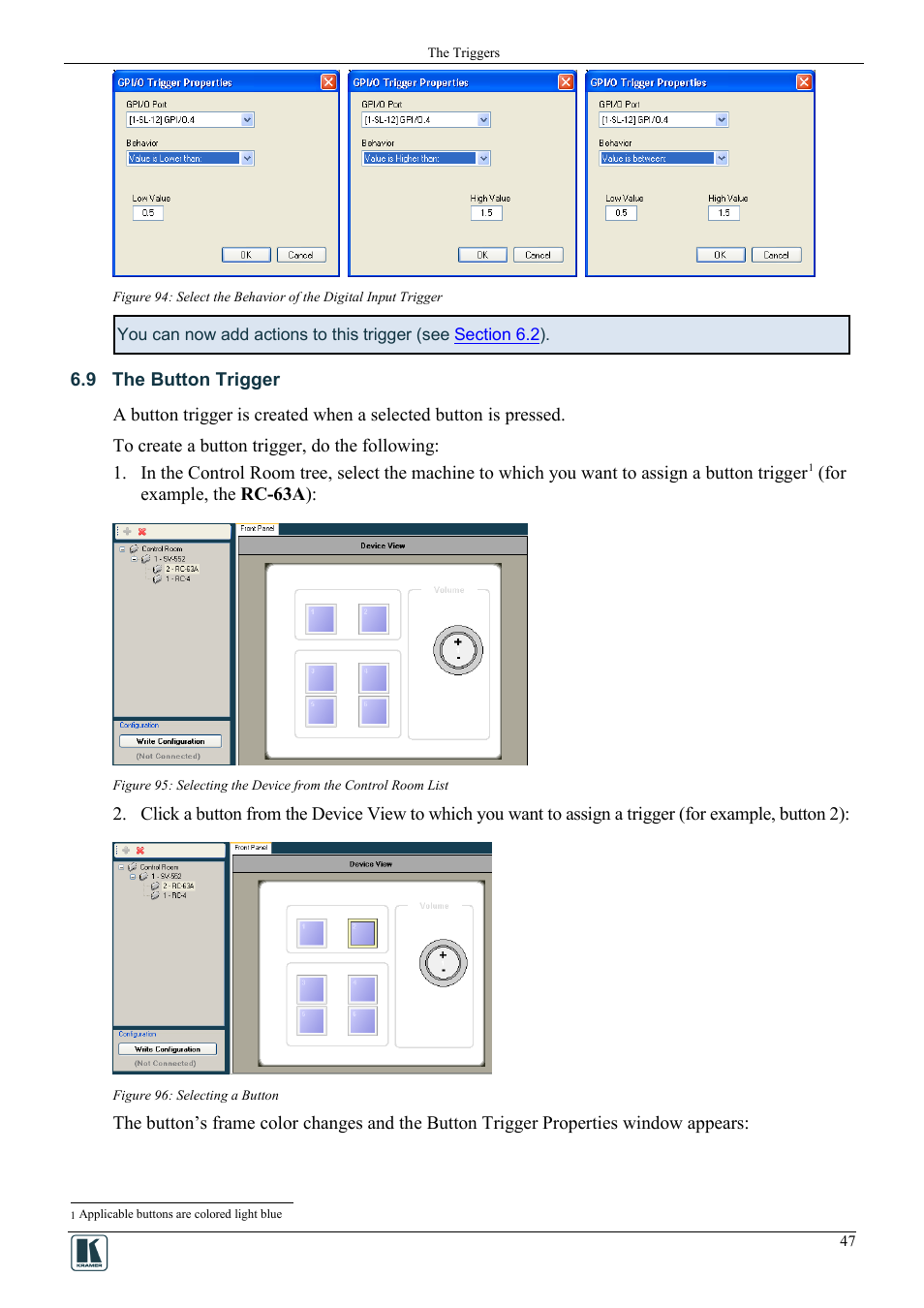 9 the button trigger, The button trigger, Figure 96: selecting a button | Kramer Electronics WP-501 User Manual | Page 54 / 94