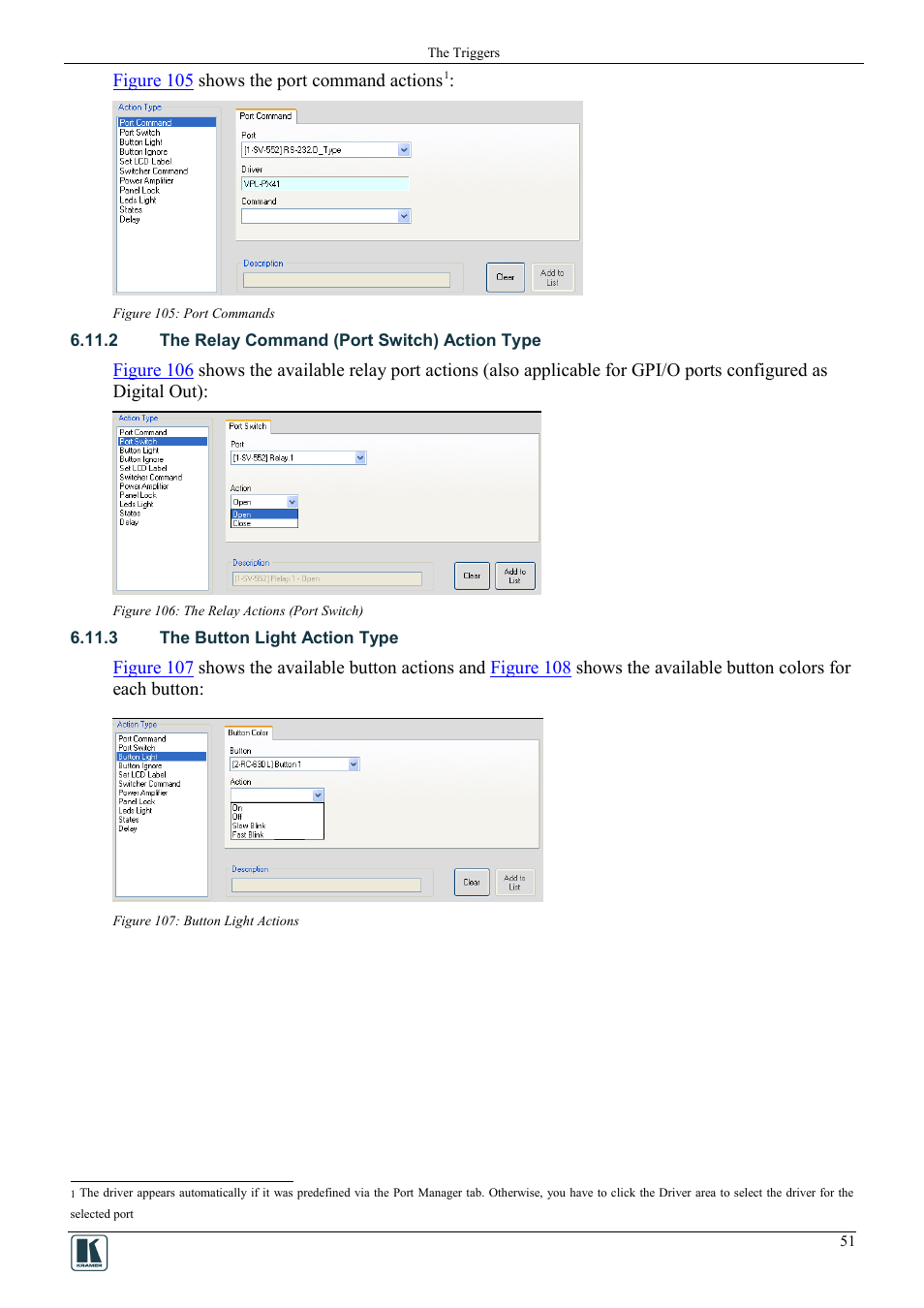 2 the relay command (port switch) action type, 3 the button light action type, Figure 105: port commands | Figure 106: the relay actions (port switch), Figure 107: button light actions | Kramer Electronics WP-501 User Manual | Page 58 / 94