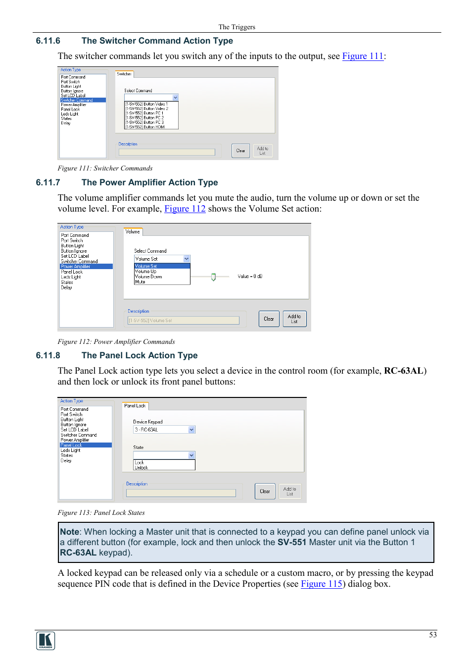 6 the switcher command action type, 7 the power amplifier action type, 8 the panel lock action type | Figure 111: switcher commands, Figure 112: power amplifier commands, Figure 113: panel lock states | Kramer Electronics WP-501 User Manual | Page 60 / 94